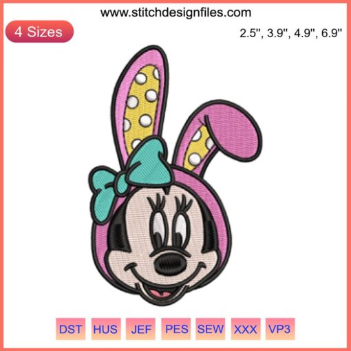 Minnie Bunny Face Easter Embroidery Design in Disney-inspired pastel colors, perfect for Easter stitching projects.