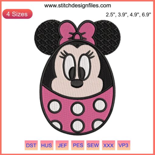 Minnie Easter Egg Embroidery Design: Cute Disney-inspired stitching featuring Minnie Mouse in a colorful Easter egg pattern.