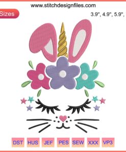 Easter Bunny Unicorn Embroidery Design featuring a whimsical unicorn with bunny ears and Easter eggs; perfect for festive stitching projects.