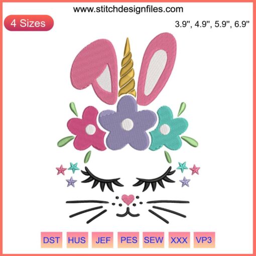 Easter Bunny Unicorn Embroidery Design featuring a whimsical unicorn with bunny ears and Easter eggs; perfect for festive stitching projects.