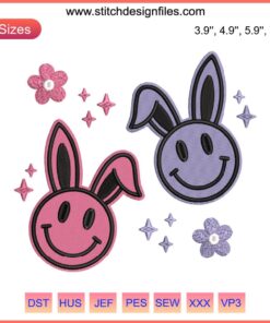 Easter Bunny Smiley Face Embroidery Design: Adorable digital stitching pattern, perfect for festive crafts and clothing embellishments.