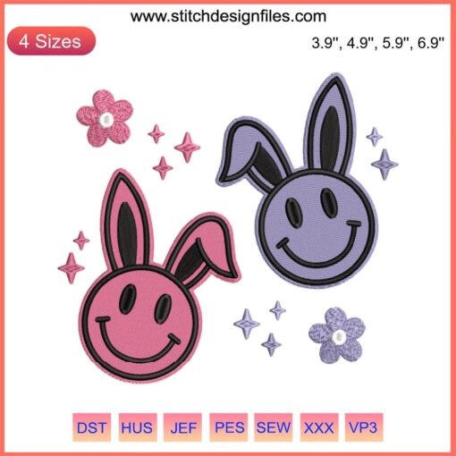 Easter Bunny Smiley Face Embroidery Design: Adorable digital stitching pattern, perfect for festive crafts and clothing embellishments.