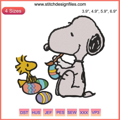 Peanuts Snoopy Easter Egg Embroidery, featuring Snoopy & Woodstock with festive Easter theme, Digital Stitching Design.