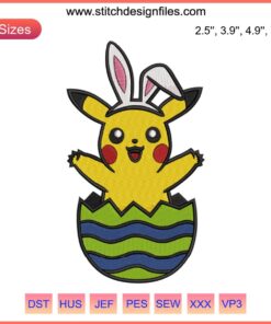 Pikachu Bunny Easter Embroidery Design: Celebrate Easter with a cute Pikachu dressed as a bunny holding an Easter egg.