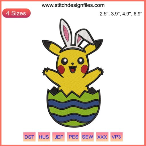 Pikachu Bunny Easter Embroidery Design: Celebrate Easter with a cute Pikachu dressed as a bunny holding an Easter egg.