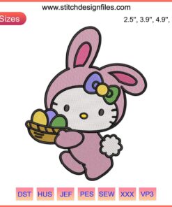 Hello Kitty Easter Bunny Embroidery Design with Easter Eggs, Cute Hello Kitty in Bunny Outfit, Digital Embroidery Pattern.