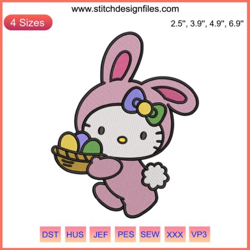 Hello Kitty Easter Bunny Embroidery Design with Easter Eggs, Cute Hello Kitty in Bunny Outfit, Digital Embroidery Pattern.
