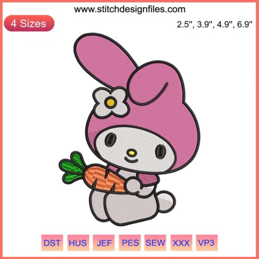 Cute My Melody Carrot Easter Embroidery Design | Sanrio My Melody Stitching with Bunny Ears and Carrot Detailing