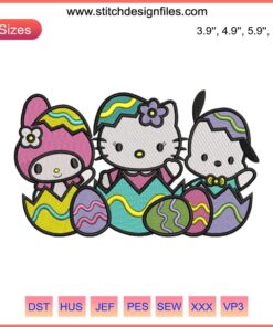 Hello Kitty and Friends Easter Embroidery Design: Sanrio-themed Easter eggs, cute characters, digital stitching pattern.