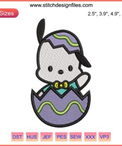 Pochacco Easter Egg Embroidery Design: Adorable Pochacco with bunny ears, Easter theme, digital download for stitching projects.