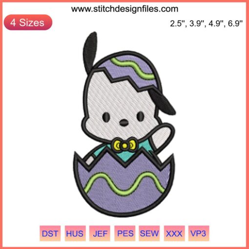 Pochacco Easter Egg Embroidery Design: Adorable Pochacco with bunny ears, Easter theme, digital download for stitching projects.