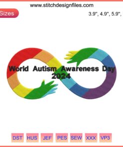 "2024 World Autism Awareness Embroidery Design: Colorful Puzzle Heart with Blue Ribbon, Digital Stitching"