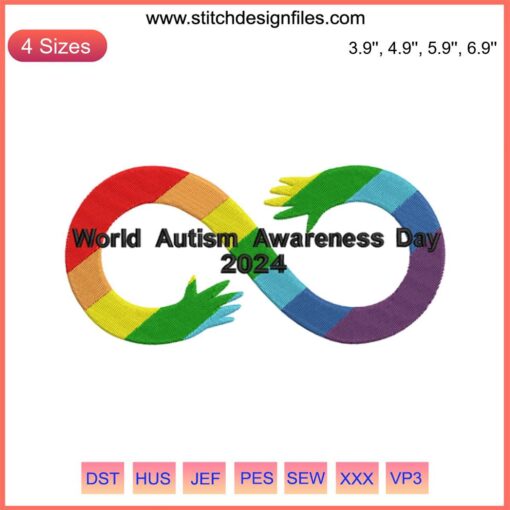 "2024 World Autism Awareness Embroidery Design: Colorful Puzzle Heart with Blue Ribbon, Digital Stitching"