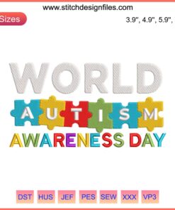 Colorful puzzle piece embroidery design for World Autism Awareness Day, perfect for Autism Awareness Month projects.