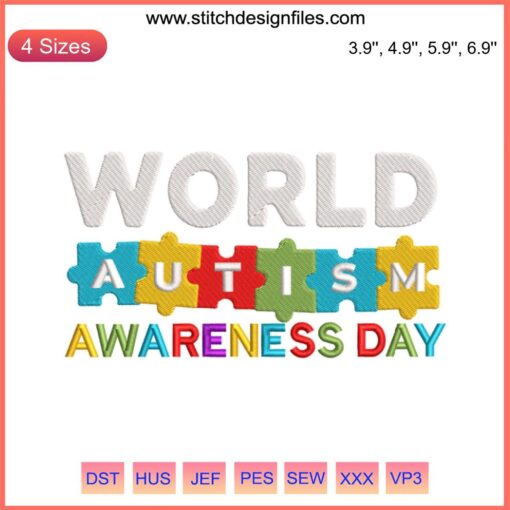 Colorful puzzle piece embroidery design for World Autism Awareness Day, perfect for Autism Awareness Month projects.