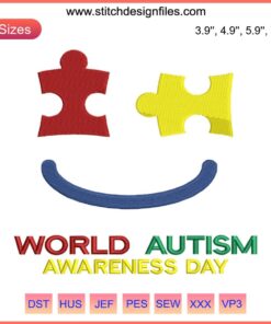 Colorful smiling face embroidery design on fabric, highlighting World Autism Awareness Day and Autism Awareness Month themes.
