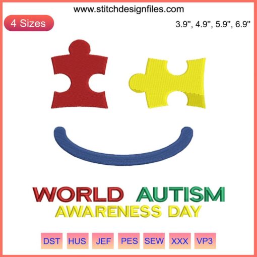 Colorful smiling face embroidery design on fabric, highlighting World Autism Awareness Day and Autism Awareness Month themes.