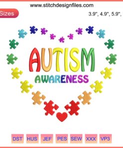 Heart-shaped autism awareness embroidery design featuring puzzle pieces and vibrant colors, perfect for digital stitching projects.