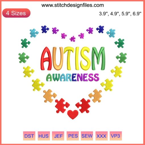 Heart-shaped autism awareness embroidery design featuring puzzle pieces and vibrant colors, perfect for digital stitching projects.