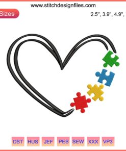 Colorful puzzle-piece heart embroidery design for Autism Awareness digital stitching, perfect gift for supporters and advocates.