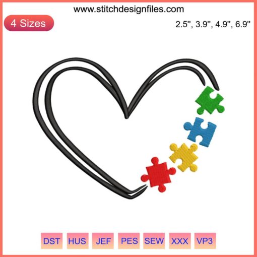 Colorful puzzle-piece heart embroidery design for Autism Awareness digital stitching, perfect gift for supporters and advocates.