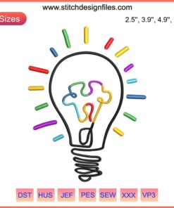 Embroidery design featuring a vibrant light bulb with autism awareness puzzle patterns, perfect for Autism Awareness Month projects.