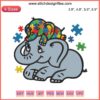 Autism Awareness Elephant Embroidery Design: Mother Elephant Embracing Autism Child in Colorful Puzzle Patterns.