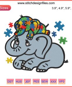 Autism Awareness Elephant Embroidery Design: Mother Elephant Embracing Autism Child in Colorful Puzzle Patterns.