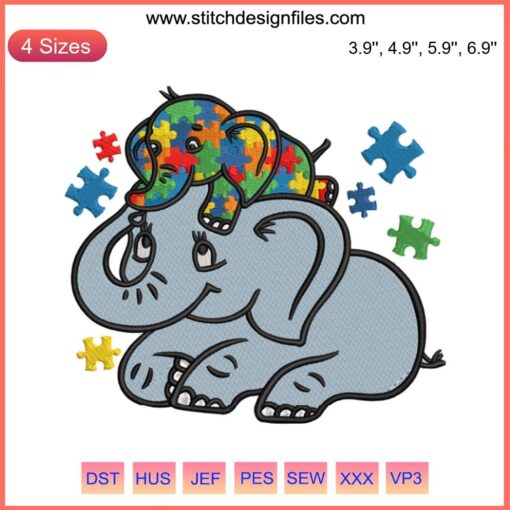 Autism Awareness Elephant Embroidery Design: Mother Elephant Embracing Autism Child in Colorful Puzzle Patterns.
