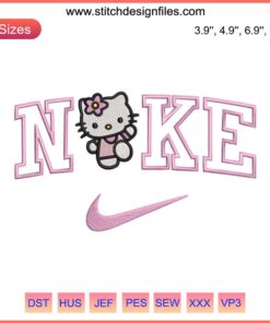 Cute Hello Kitty embroidery design with Nike branding, instant download file for sewing projects.