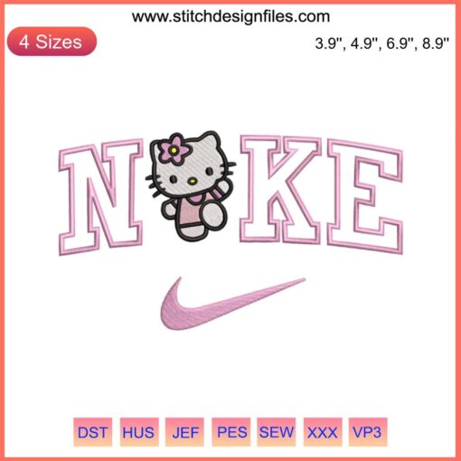 Cute Hello Kitty embroidery design with Nike branding, instant download file for sewing projects.