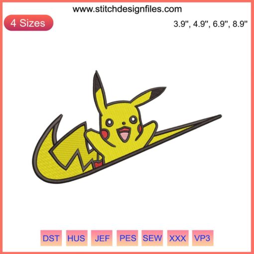 Pikachu Nike embroidery design, Pokemon instant download, digital file featuring iconic character in athletic Nike style.