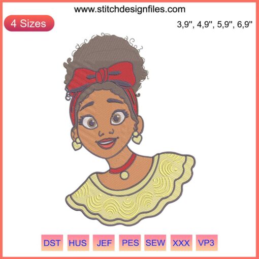 Dolores Madrigal Encanto embroidery design, colorful floral pattern, machine download file, vibrant stitching, DIY craft.