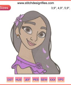 Isabela Madrigal "Encanto" embroidery pattern, vibrant floral design, machine file download, digital craft art.
