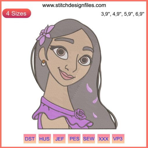 Isabela Madrigal "Encanto" embroidery pattern, vibrant floral design, machine file download, digital craft art.