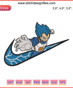 Vegeta Nike Dragon Ball embroidery design; custom digital machine file featuring Vegeta's iconic pose with Nike branding elements.