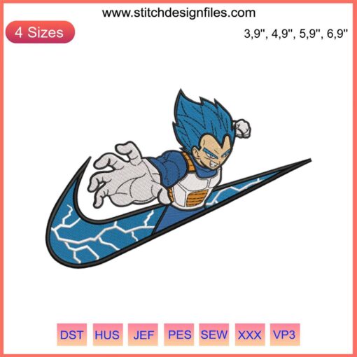 Vegeta Nike Dragon Ball embroidery design; custom digital machine file featuring Vegeta's iconic pose with Nike branding elements.