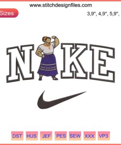 Luisa Madrigal Nike Encanto Embroidery Design featuring vibrant, detailed Nike logo on Luisa's silhouette, machine embroidery file.