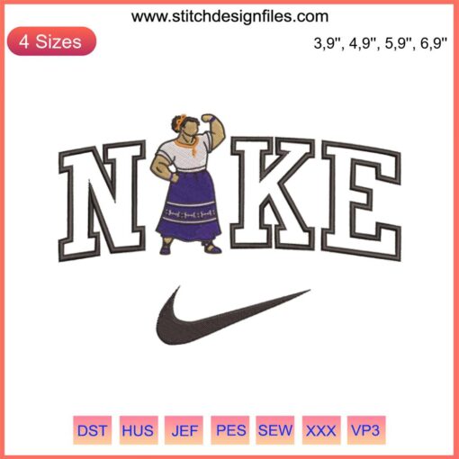 Luisa Madrigal Nike Encanto Embroidery Design featuring vibrant, detailed Nike logo on Luisa's silhouette, machine embroidery file.