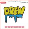 Drew logo embroidery design file: custom machine embroidery pattern, detailed text logo for apparel, digital download.