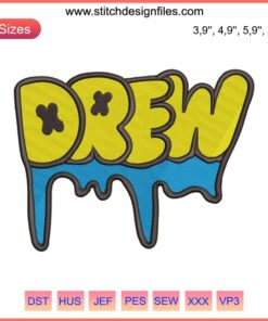 Drew logo embroidery design file: custom machine embroidery pattern, detailed text logo for apparel, digital download.