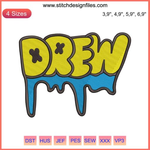 Drew logo embroidery design file: custom machine embroidery pattern, detailed text logo for apparel, digital download.