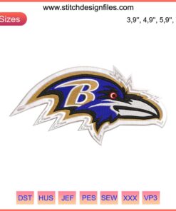 Baltimore Ravens Logo Embroidery Design File - NFL American Football Machine Pattern, Detailed Bird Emblem, Team Colors