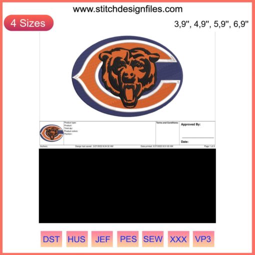 Chicago Bears Logo Embroidery Design File, NFL American Football Machine Stitch Pattern, Team Logo Digital Download