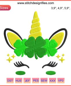 St. Patrick's Day Cute Unicorn Face Embroidery Design for Kids & Women - Festive, Whimsical, Digital Art File