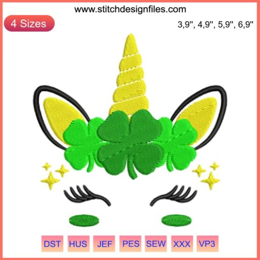 St. Patrick's Day Cute Unicorn Face Embroidery Design for Kids & Women - Festive, Whimsical, Digital Art File