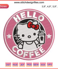 Hello Coffee Hello Kitty Cats Logo Embroidery Design File for Machine Use, Cute Cat-Themed Logo Embroidery, Digital Download