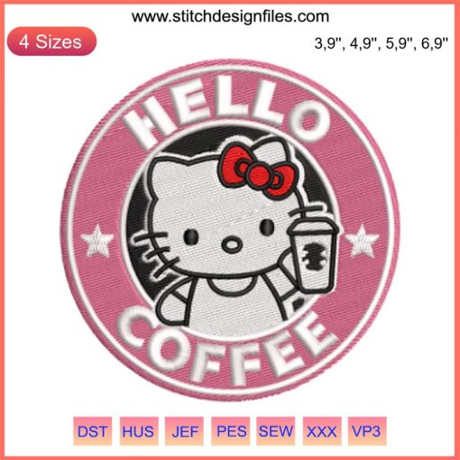 Hello Coffee Hello Kitty Cats Logo Embroidery Design File for Machine Use, Cute Cat-Themed Logo Embroidery, Digital Download