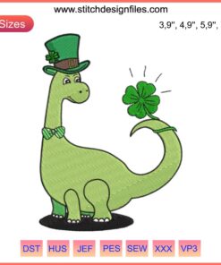 Kid's Dinosaur Shamrock Embroidery Design File | Machine Embroidery, St. Patrick's Day Pattern, Dino and Clover Stitch Template