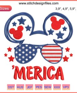 Mouse Mickey American logo embroidery design file featuring stars, stripes, and iconic Mickey silhouette. Custom machine embroidery.